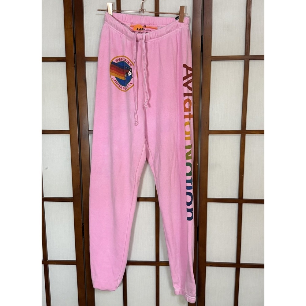 Aviator Nation Pink Jogger Sweatpants Size XS Drawstring Lounge Side Graphic